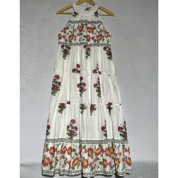 THML Midi Halter Sundress XS White Pink Floral A Line Tiered Voile Cotton Dress - Picture 1 of 14